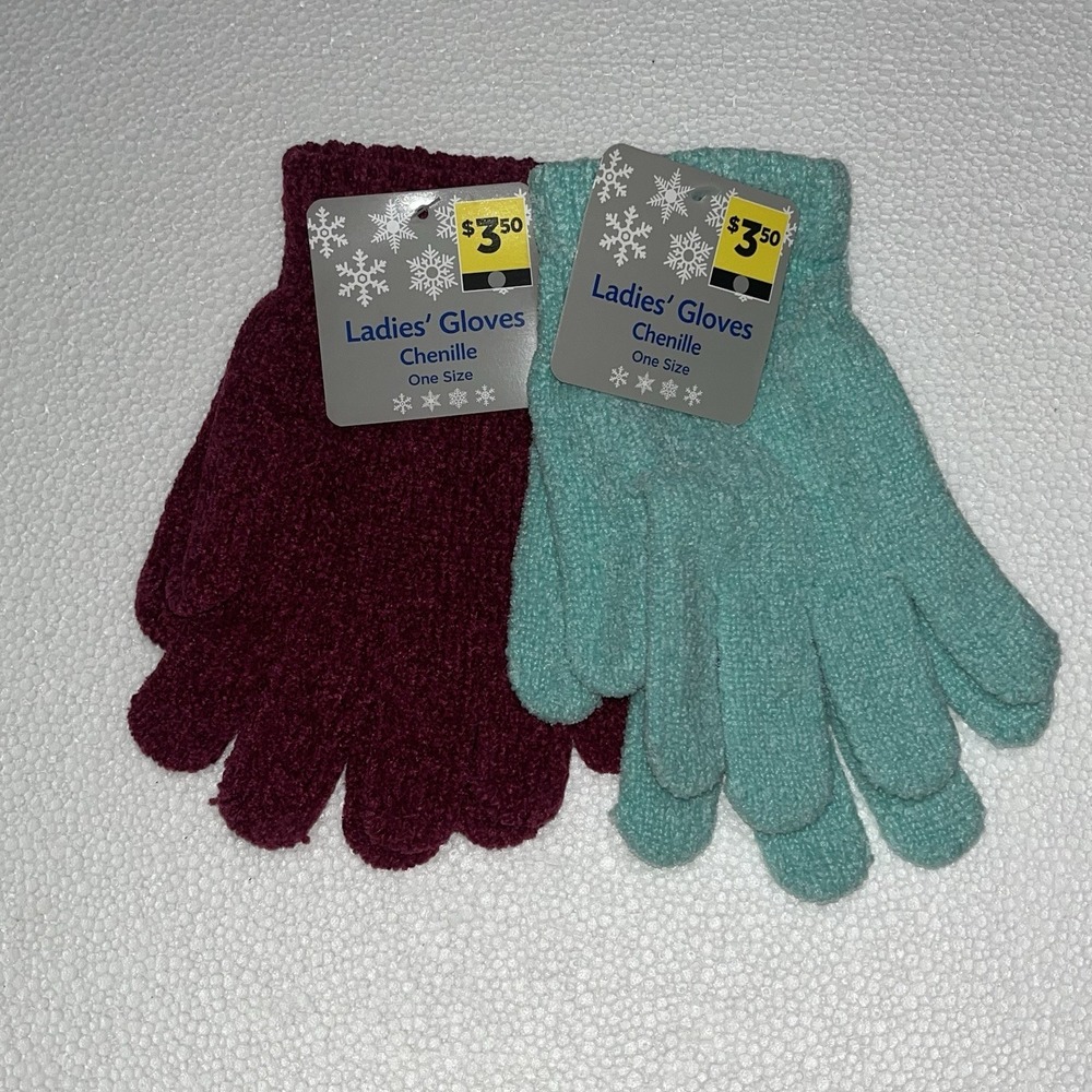 2 Pair Ladies Gloves Chenille Stretch One Size Maroon & Mint Green